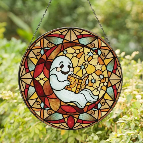 Gothic Chic Fans' Jewel Tone Tiffany Glass Celestial Ghost Moon Reading Geometric Mosaic Stained Glass Suncatcher