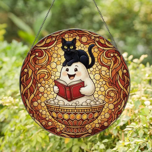 Whimsical Art Lovers' Tiffany Style Stained Glass Cheerful Ghost Black Cat Amber Red Mosaic Stained Glass Suncatcher