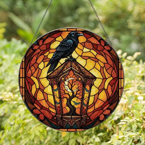 Gothic Art Lovers' Tiffany Style Stained Glass Raven Lantern Moon Gnarled Tree Bat Teal Amber Mosaic Stained Glass Suncatcher