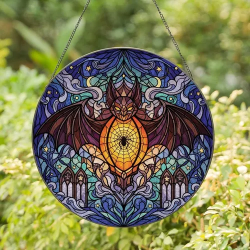 Dark Fantasy Art Fans' Tiffany Stained Glass Bat Lantern Spiderweb Intricate Purple Orange Amber Stained Glass Suncatcher