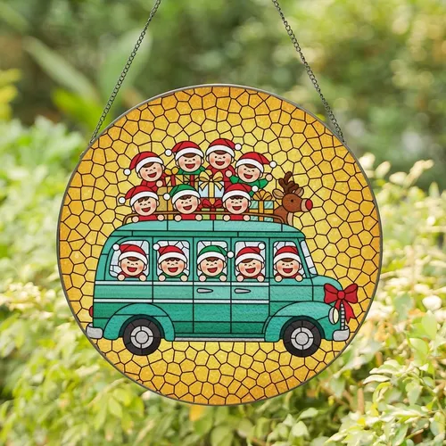 Family Christmas Lovers' Glowing Teal Stained Glass Vintage Car Holiday Kids & Gifts Mosaic Stained Glass Suncatcher