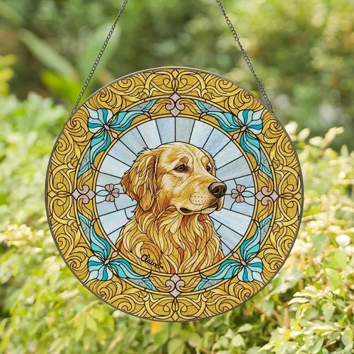 Golden Retriever Lovers' Tiffany Stained Glass Golden Amber Filigree Butterfly Clover Dog Portrait Stained Glass Suncatcher