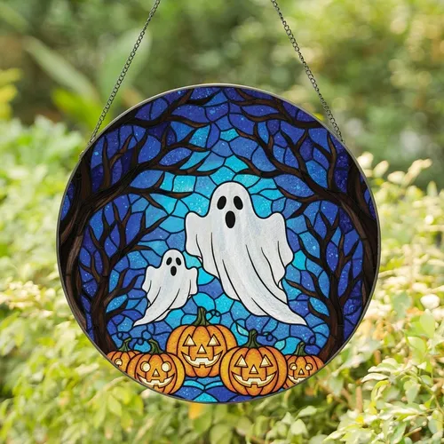 Halloween Lovers' Vibrant Tiffany Stained Glass Sheet Ghosts Jack-o'-Lanterns Gnarled Branches Mosaic Pattern Stained Glass Suncatcher