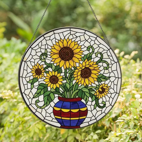 Art Lovers' Glowing Tiffany Stained Glass Sunflower Mosaic Jewel Tones Stained Glass Suncatcher