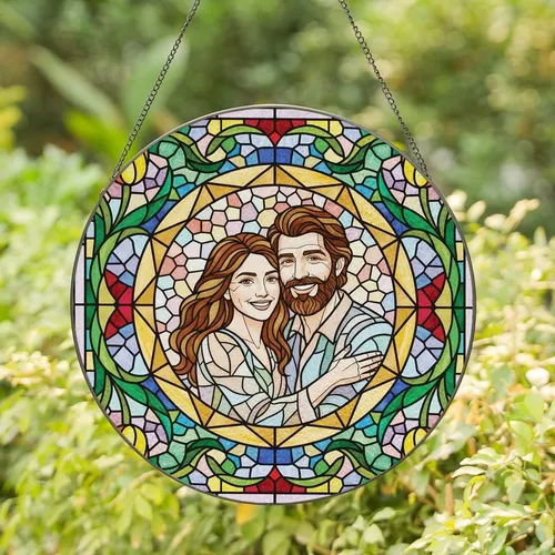 Couples Joyful Embracing Tiffany Style Stained Glass Portrait Vibrant Yellow Tulip Mosaic Stained Glass Suncatcher