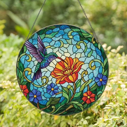 Art Lovers' Tiffany Style Hummingbird Blue Orange Green Jewel Tone Floral Mosaic Stained Glass Suncatcher
