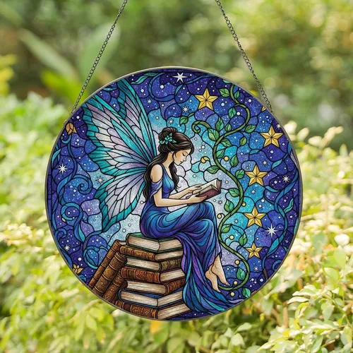 Fantasy Art Lovers' Intricate Tiffany Stained Glass Fairy Reading Books Celestial Night Sky Jewel Tones Stained Glass Suncatcher