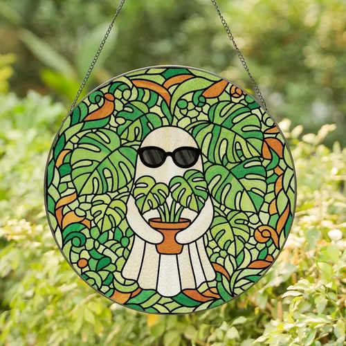 Whimsical Art Lovers' Stained Glass Ghost & Monstera Plant Jewel Tone Mosaic Stained Glass Suncatcher