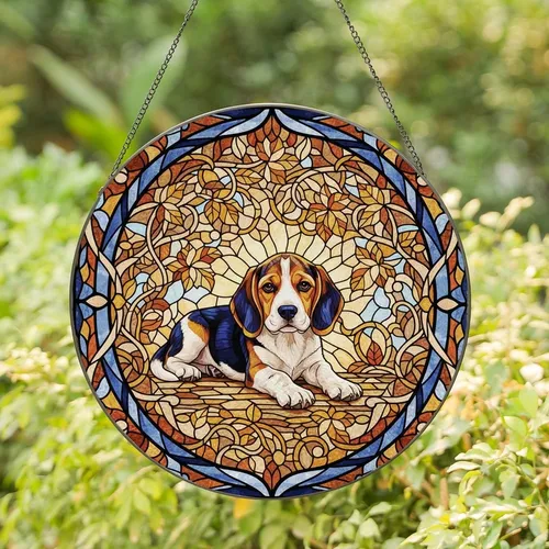 Beagle Lovers' Tiffany Stained Glass Tricolor Beagle Puppy Amber Indigo Mosaic Stained Glass Suncatcher