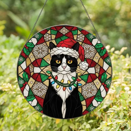 Cat Lovers' Christmas Tiffany Style Stained Glass Tuxedo Cat Santa Hat Jewel Tone Mosaic Pattern Stained Glass Suncatcher