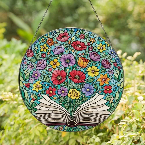 Art & Book Lovers' Vibrant Tiffany Stained Glass Open Book with Bursting Jewel Tone Flowers & Swirling Mosaic Garden Stained Glass Suncatcher