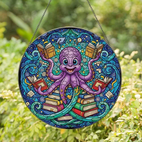 Book Lovers' Tiffany Stained Glass Purple Octopus Reading Books & Academic Mosaic Jewel Tones Stained Glass Suncatcher