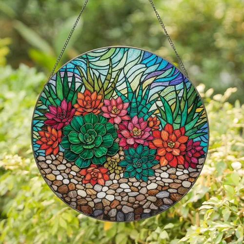 Succulent Lovers' Tiffany Style Stained Glass Emerald Coral Teal Succulent River Stone Mosaic Stained Glass Suncatcher