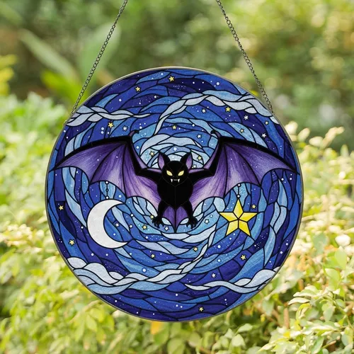 Fantasy & Art Lovers' Intricate Tiffany Stained Glass Purple Bat Crescent Moon Night Sky Mosaic Jewel Tones Stained Glass Suncatcher