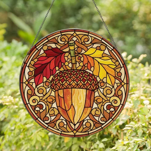 Art & Nature Enthusiasts' Glowing Tiffany Style Acorn Autumn Leaves Mosaic in Jewel Tones Stained Glass Suncatcher