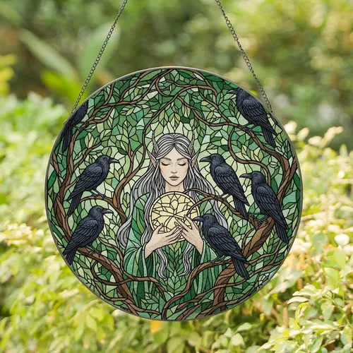 Nature & Fantasy Lovers' Emerald Sage Stained Glass Elven Woman Raven Forest Mosaic Stained Glass Suncatcher