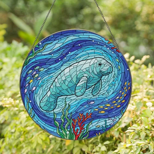 Marine Life Art Enthusiasts' Vibrant Jewel Tone Tiffany Style Stained Glass Manatee & Aquatic Life Mosaic Stained Glass Suncatcher