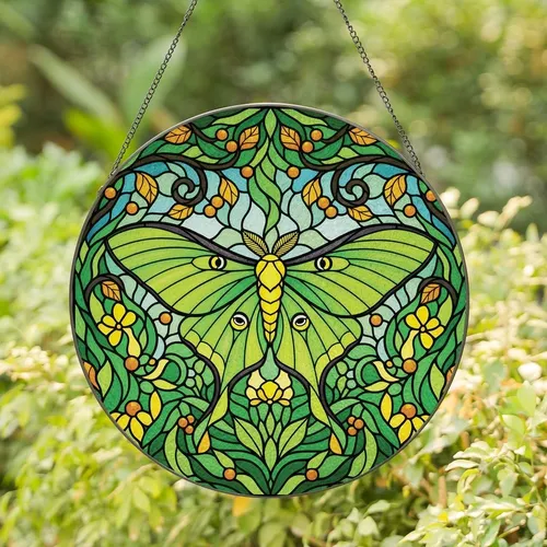 Nature Lovers' Vibrant Luna Moth Stained Glass Tiffany Style Lime Green Amber Foliage & Tendrils Stained Glass Suncatcher