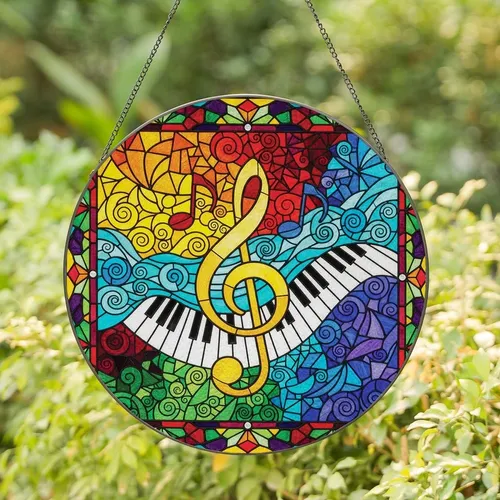 Music Lovers' Golden Treble Clef Piano Stained Glass Jewel Tone Mosaic Design Stained Glass Suncatcher