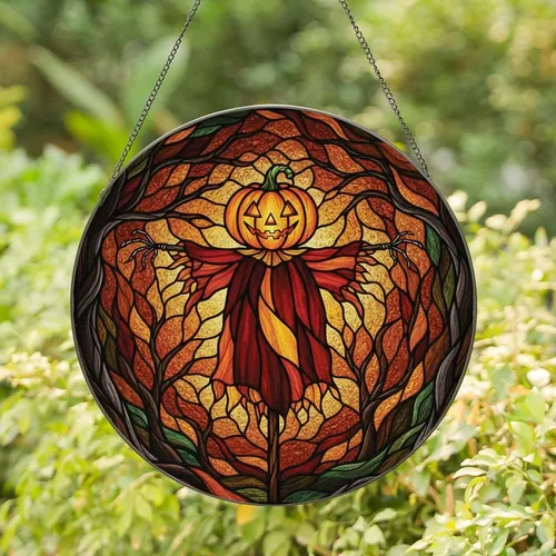 Halloween Lovers' Whimsical Stained Glass Scarecrow Jack-o'-Lantern, Autumnal Jewel Tone Mosaic Design Stained Glass Suncatcher