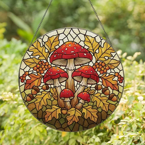 Nature Lovers' Glowing Tiffany Stained Glass Red Mushroom Gold Amber Autumn Forest Mosaic Stained Glass Suncatcher