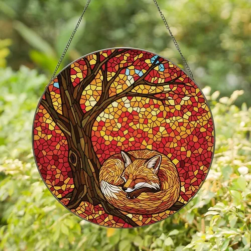 Nature Lovers' Glowingly Translucent Stained Glass Sleeping Fox Autumn Canopy Intricate Mosaic Stained Glass Suncatcher