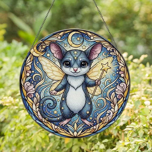 Fantasy Art Lovers' Whimsical Stained Glass Fairy Creature Golden Star Wand Deep Blue Golden Yellow Jewel Tones Intricate Floral Mosaic Stained Glass Suncatcher