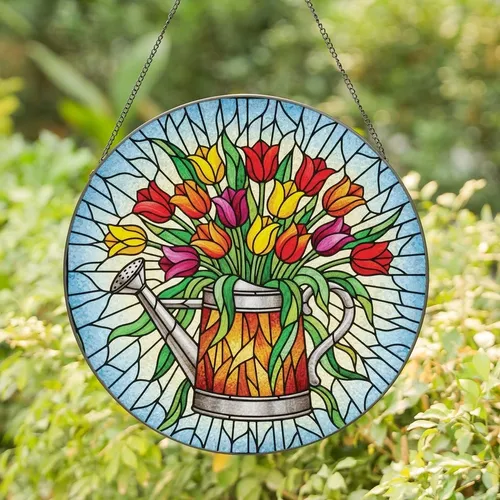Garden Lovers' Tiffany Style Stained Glass Watering Can Tulips Floral Mosaic, Vibrant Jewel Tones Stained Glass Suncatcher
