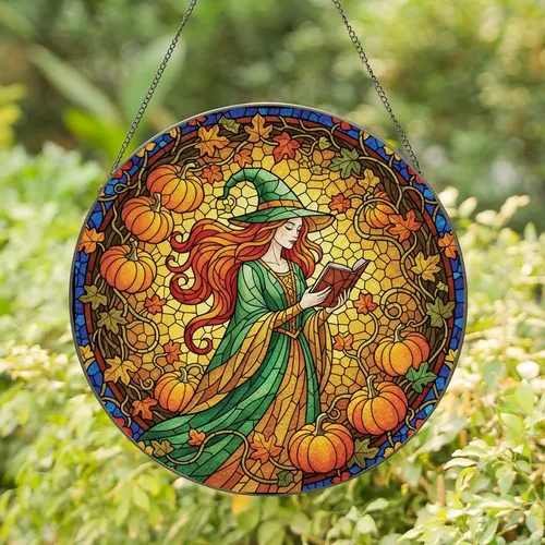 Witchy Art Lovers' Tiffany Style Stained Glass Witch Reading Book, Emerald Green, Amber Yellow, Red-Orange Autumnal Mosaic Stained Glass Suncatcher