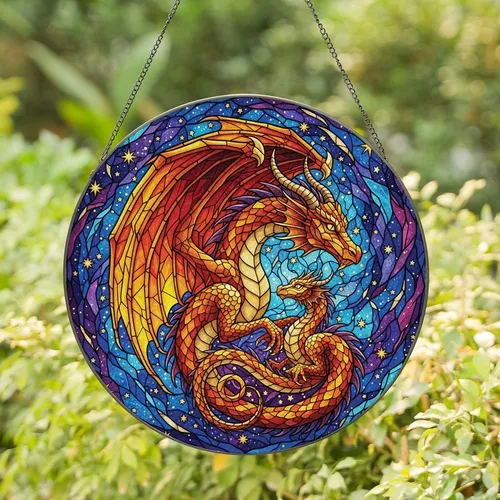 Fantasy Art Lovers' Stained Glass Dragon & Young Cosmic Mosaic Jewel Tones Stained Glass Suncatcher