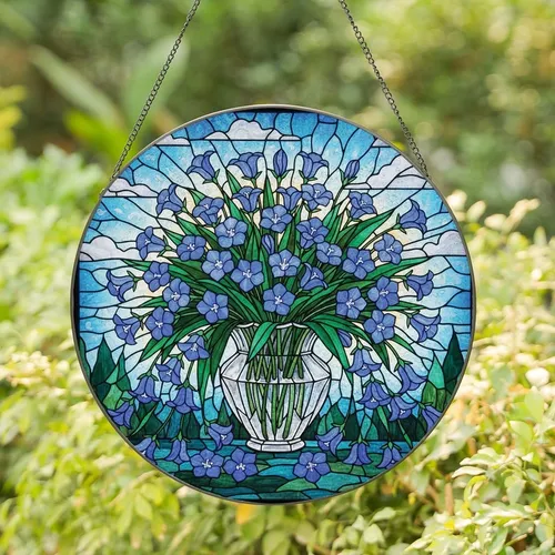 Art Lovers' Intricate Tiffany Stained Glass Sky Blue Emerald Green Floral Vase Mosaic Stained Glass Suncatcher