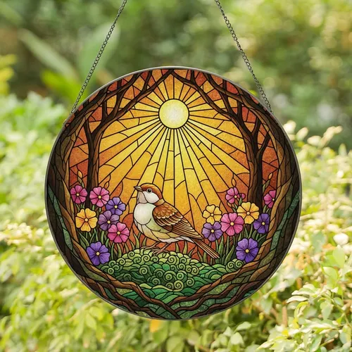 Art Lovers' Jewel Tone Stained Glass Bird, Floral & Radiant Sun Archway Mosaic Stained Glass Suncatcher