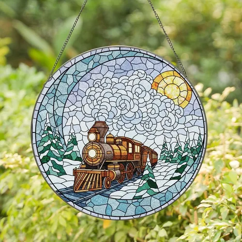 Vintage Train Enthusiasts' Tiffany Style Steam Locomotive Winter Mosaic Amber Blue Stained Glass Suncatcher