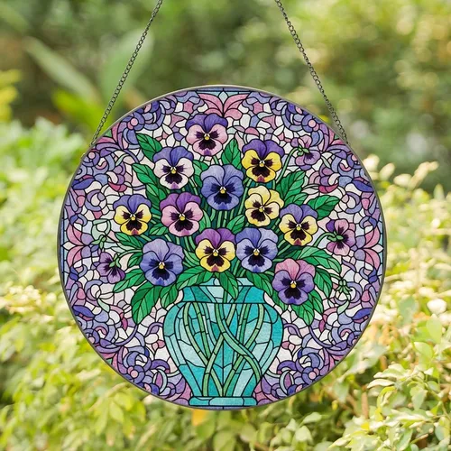 Art Lovers' Vibrant Tiffany-Inspired Stained Glass Pansy Bouquet Mosaic Design Stained Glass Suncatcher