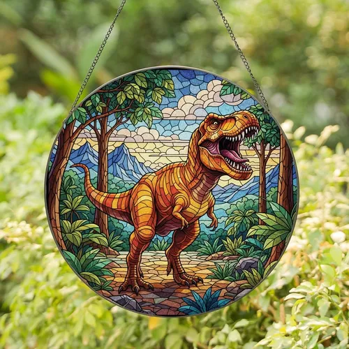 Dinosaur Art Lovers' Vibrant Stained Glass T-Rex Roar, Tiffany Style Jewel Tone Jungle Mosaic Pattern with Bold Black Lines Stained Glass Suncatcher