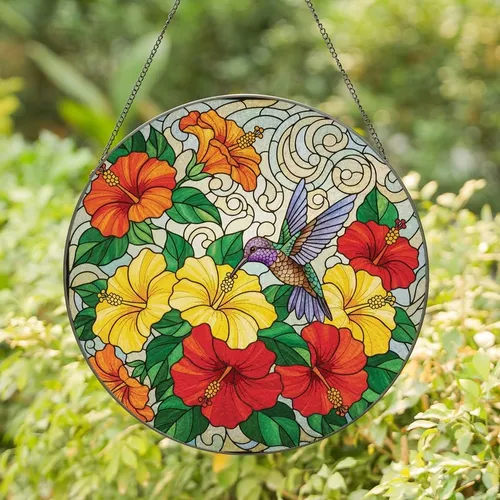 Nature Lovers' Vibrant Jewel Tone Hummingbird Hibiscus Stained Glass Tiffany Art Mosaic Stained Glass Suncatcher