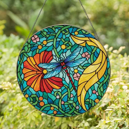 Nature Lovers' Tiffany Stained Glass Blue Dragonfly Floral Mosaic Jewel Tone Pattern Stained Glass Suncatcher