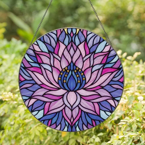 Art Lovers' Vibrant Tiffany Style Stained Glass Lotus Jewel Tone Bloom Mosaic Pattern Stained Glass Suncatcher