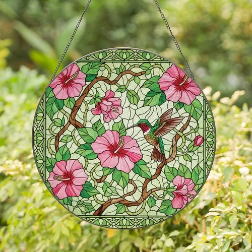 Nature Lovers' Tiffany Style Hummingbird Hibiscus Emerald Pink Jewel Tone Floral Mosaic Stained Glass Suncatcher
