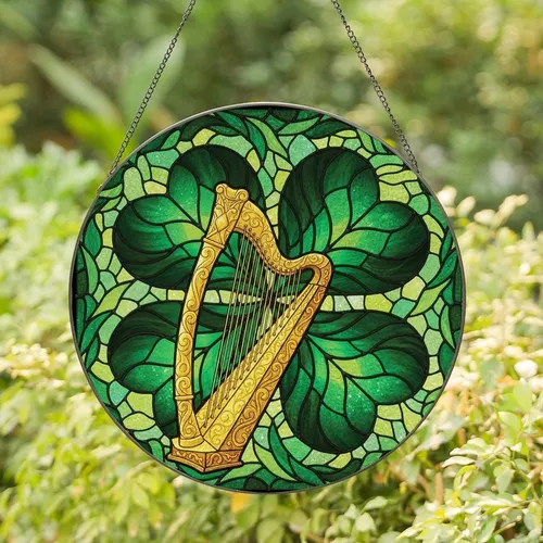 Celtic Art Lovers' Tiffany Style Golden Celtic Harp Emerald Green Clover Stained Glass Art Stained Glass Suncatcher