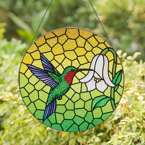 Nature Lovers' Vibrant Stained Glass Hummingbird Bell Flower Golden Yellow Lime Green Mosaic Stained Glass Suncatcher