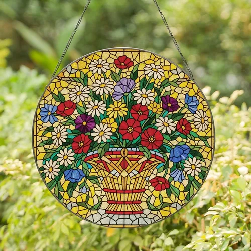 Art Lovers' Tiffany Stained Glass Ornate Basket, Jewel-Toned Floral Bouquet, Mosaic Pattern Stained Glass Suncatcher