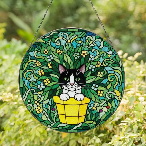 Cat Lovers' Intricate Stained Glass Tuxedo Cat Peeking Yellow Pot, Emerald Aqua Floral Mosaic Stained Glass Suncatcher