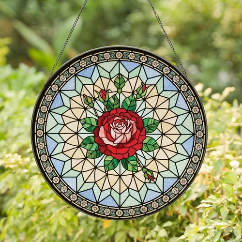 Art Lovers' Tiffany-Style Stained Glass Crimson Rose Emerald Green Leaves Starburst Mosaic Stained Glass Suncatcher