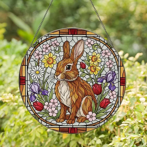 Nature Lovers' Intricate Tiffany Stained Glass Rabbit & Spring Floral Geometric Mosaic Design Stained Glass Suncatcher
