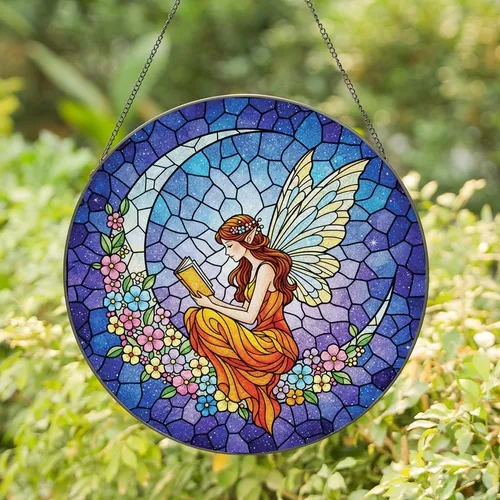 Fantasy Art Lovers' Tiffany Stained Glass Fairy Moon Reading Book Orange Yellow Blue Purple Cosmic Floral Art Stained Glass Suncatcher