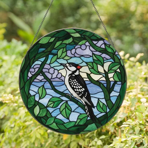 Nature Lovers' Intricate Stained Glass Downy Woodpecker Jewel Tone Mosaic Art Stained Glass Suncatcher