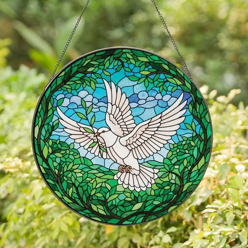 Art Lovers' Tiffany Style White Dove Olive Branch Jewel Tone Green Blue Mosaic Design Stained Glass Suncatcher