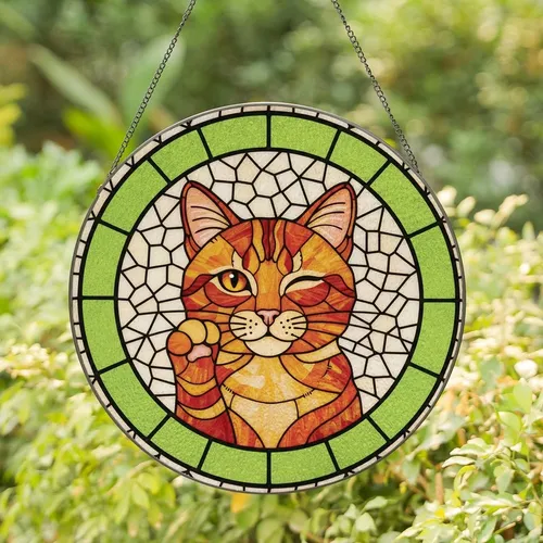 Cat Lovers' Intricate Tiffany Stained Glass Ginger Cat Winking Amber Orange Green Mosaic Stained Glass Suncatcher