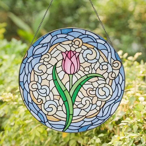 Art Lovers' Tiffany Style Stained Glass Vibrant Pink Tulip Organic Swirl Mosaic Stained Glass Suncatcher